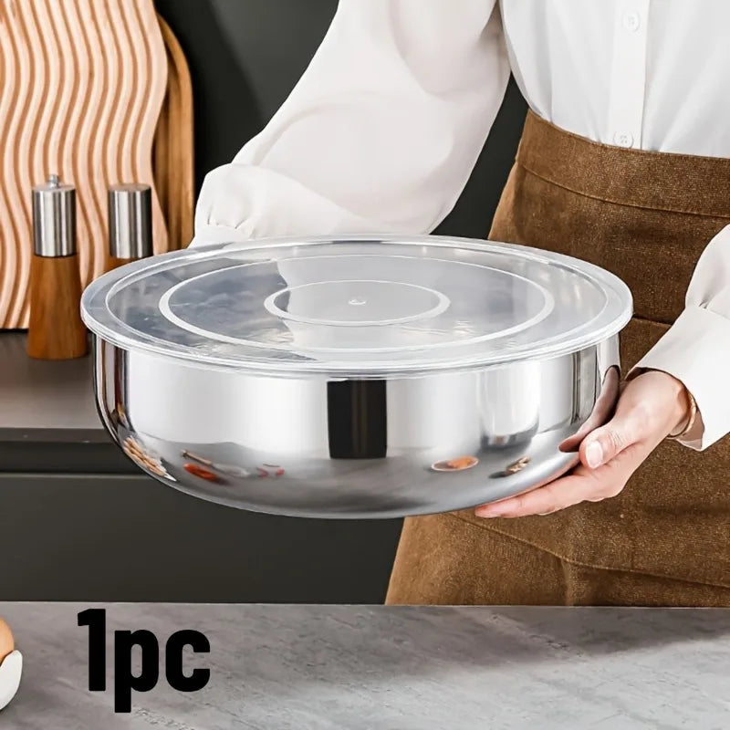 1pc- Rust-Resistant Stainless Steel Large Mixing Bowl with Lid | Deep & Wide, Ideal for Dough Kneading, Vegetable Washing Qme 1pc
