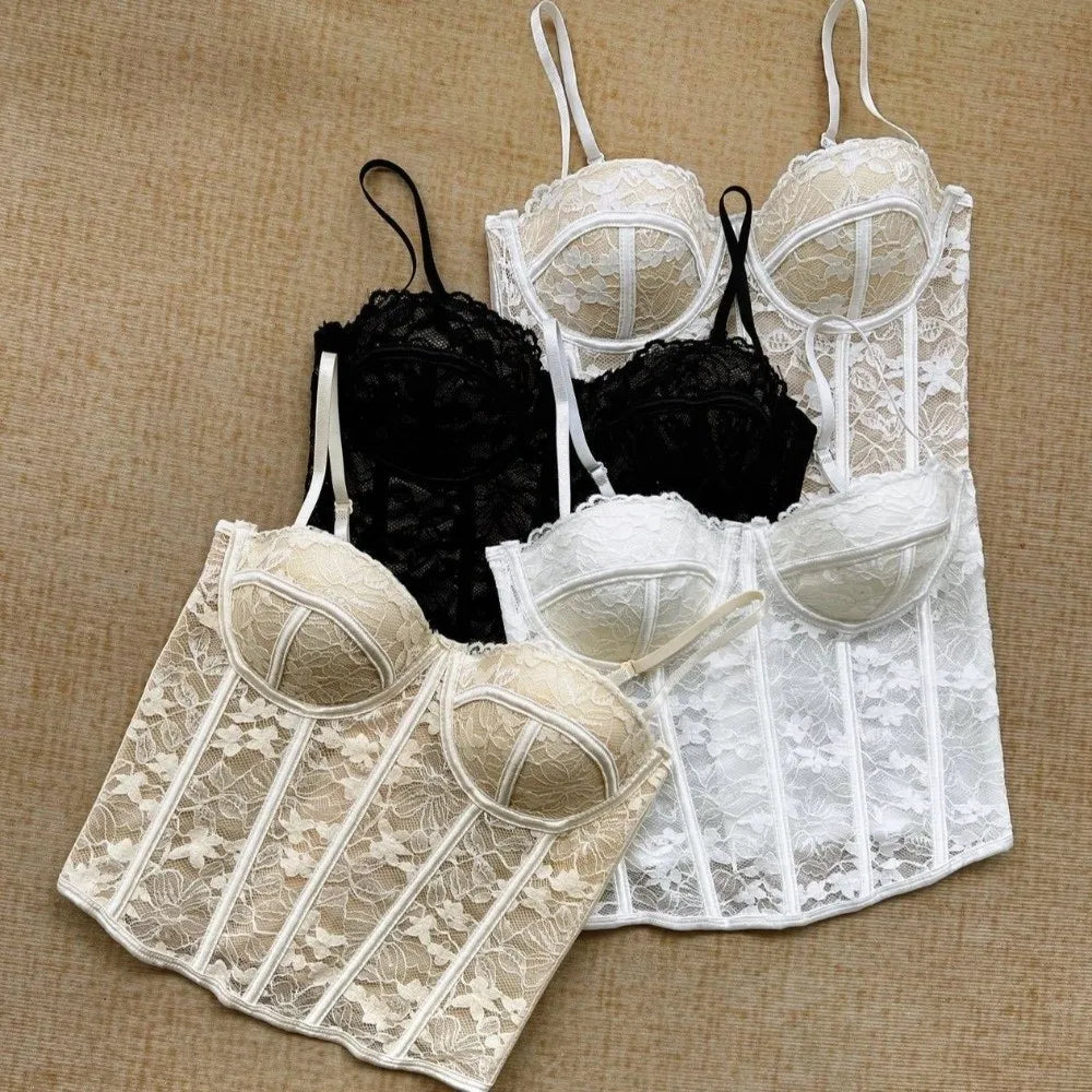 Sweet Mesh Flower Slim Lace Crop Bottoming Shirt Fishbone Corset Qme