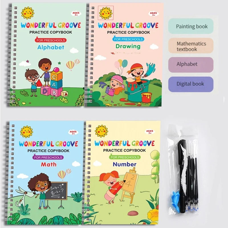 Copybook Reusable Disappearing Ink Writing Book 4-Pack Preschool Calligraphy Practice Set with Pen & Grips Free Wiping Qme
