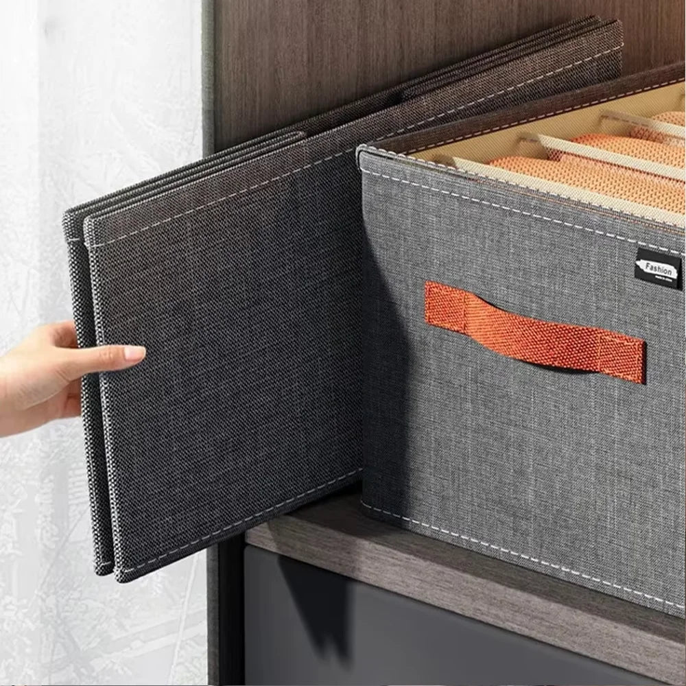 Premium Cationic Fabric Foldable Storage Box with Lid & Compartments PP Board Clothes Organizer for Wardrobe Use Qme
