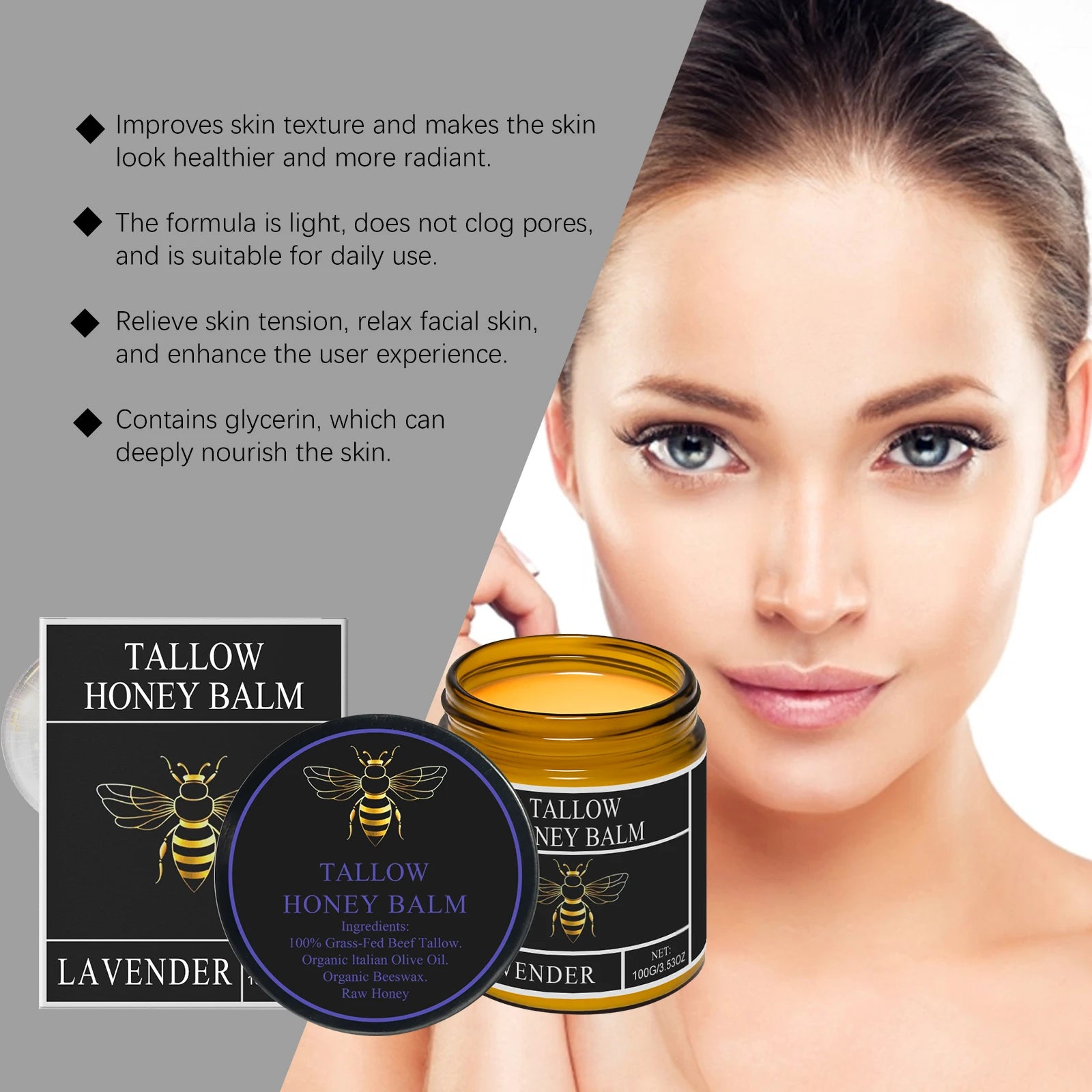 Beef Tallow Honey Cream Moisturizing Firming Soft Smoothing Skin Soothing Reduce Redness Hydrating Nourishing Tallow Honey Balm Qme