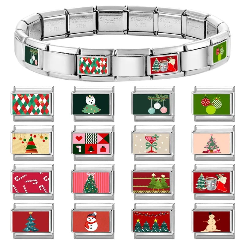 Fashion Christmas Charm Xmas Color Lights Trees Cane Candy Italian Charm Links Fit 9mm Stainless Steel Bracelet DIY Making Gifts Qme