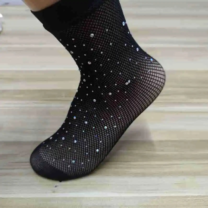 Sparkling Rhinestone Knee-Length Fishnet Socks - Durable, Comfortable & Stylish, The Perfect Party Accessory Qme