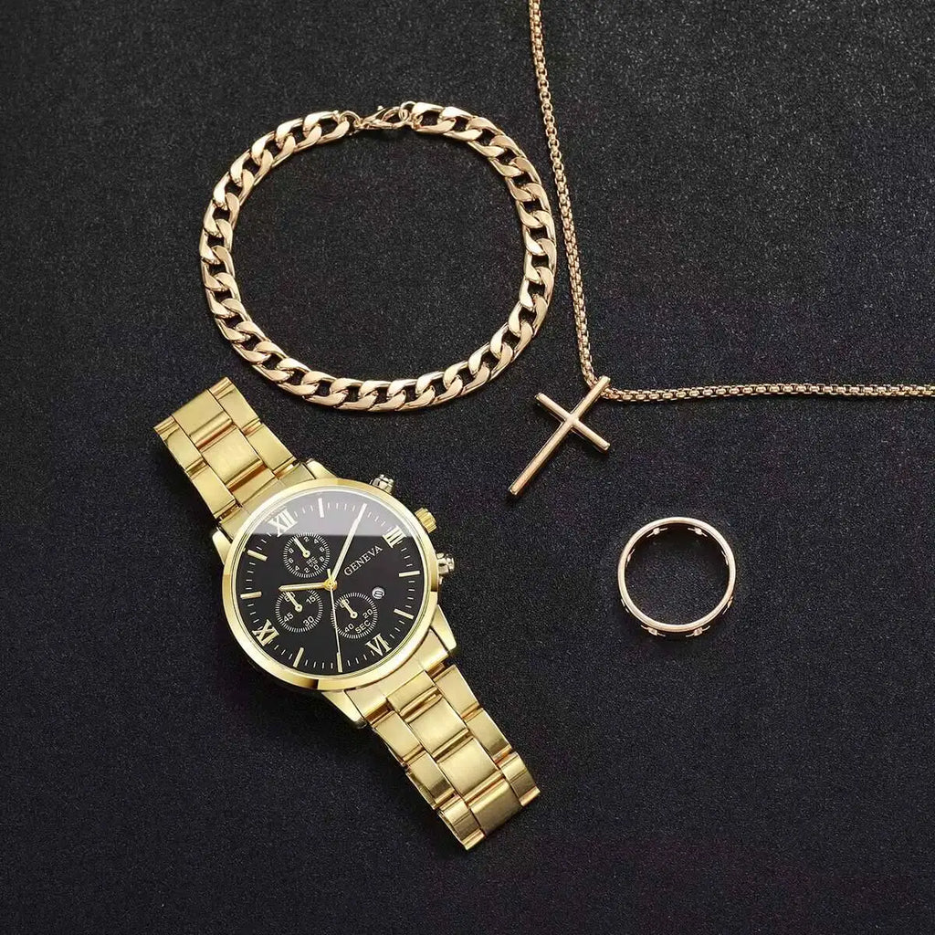 4 pçs/set moda masculina relógios de negócios luxo roma dial calendário relógio quartzo conjunto jóias reloj hombre (sem caixa) Qme