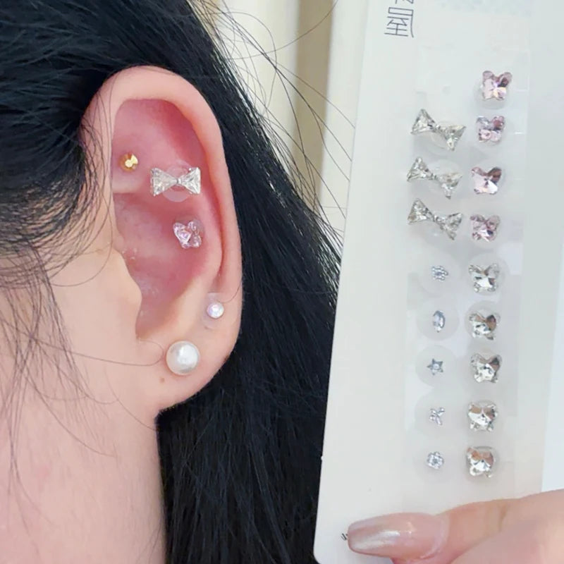 Fashion Bowknot Colorful Rhinestone Pearls Ear Point Stickers Qme