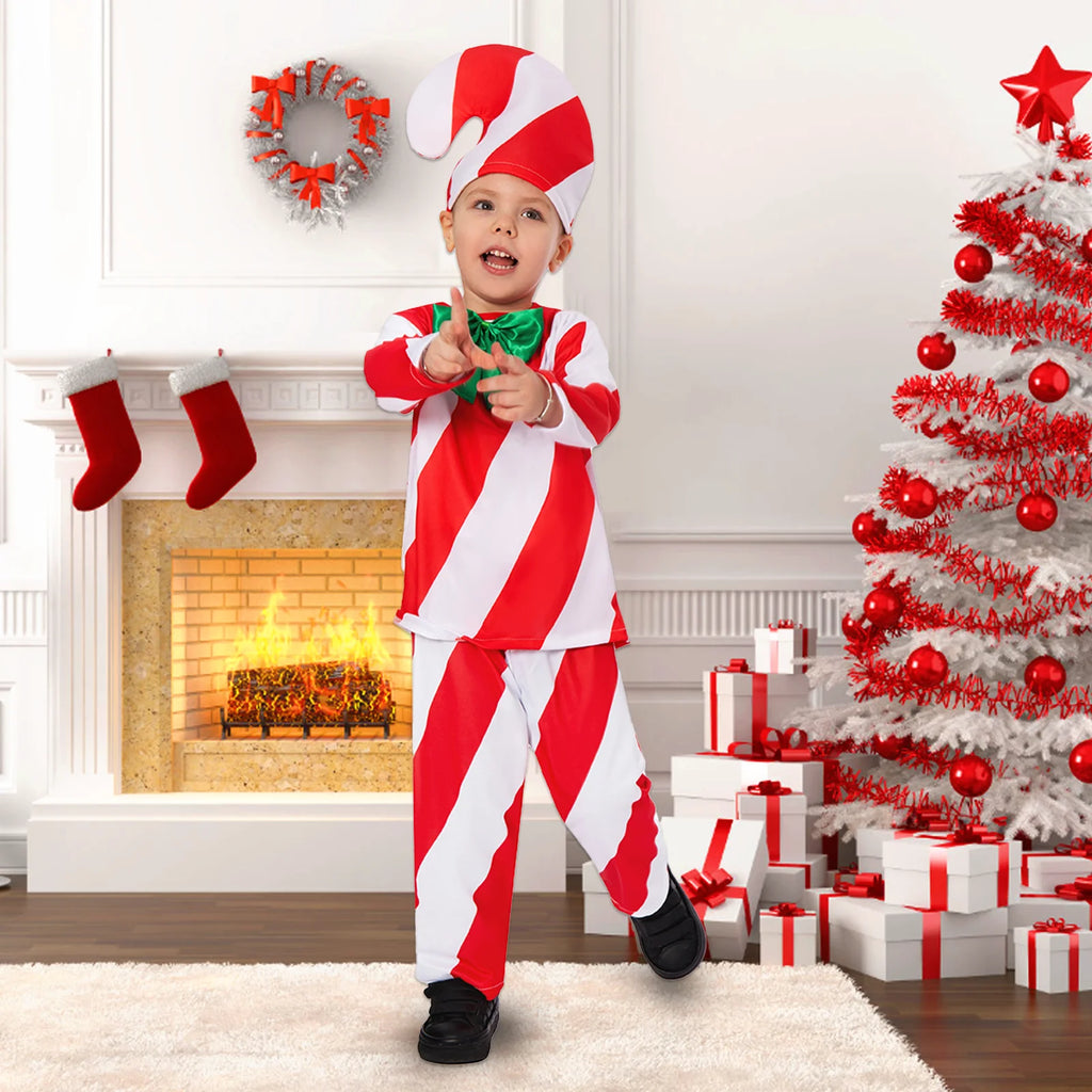 Candy Cane Costume Boys Girls Gift Box Christmas Cosplay Outfit Top Pants Hat Full Set Suit Qme