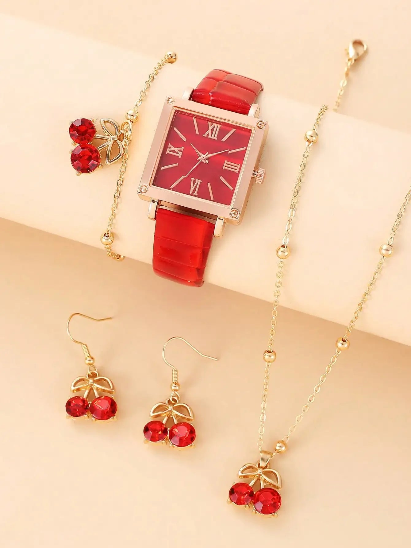 4Pcs Women Red Cherry Jewelry Watch Set, Square Roman Dial Red Leather Quartz Watch + Red Crystal Necklace Earrings Bracelet Kit Qme