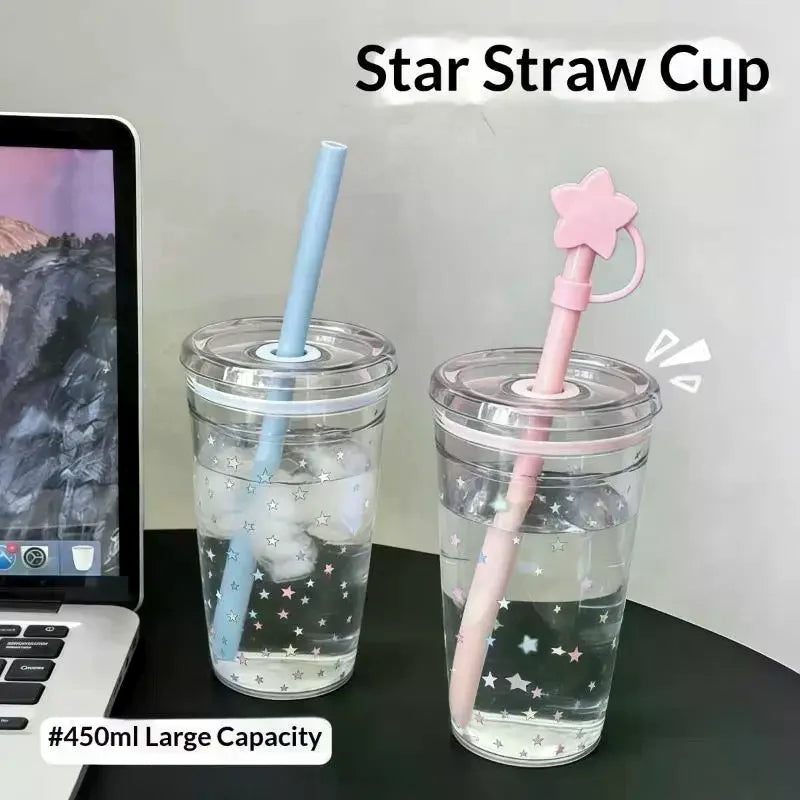 450ml Plastic Straw Cup Tea Coffee Milk Simple Straws Sweet Cute Star Cup Friend Gifts Qme