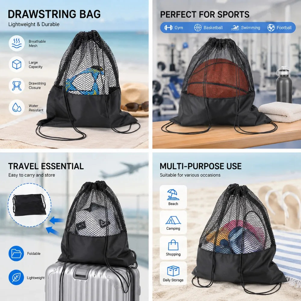 Lightweight Mesh Sports Ball Carry Backpack Drawstring Storage Bag For Basketball Football Volleyball Daily Gym Practice Use Qme