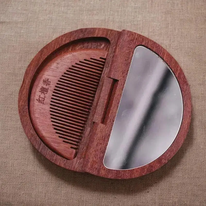 2-in-1 Wooden Comb Mirror Compact Red Sandalwood Folding Travel Home Qme