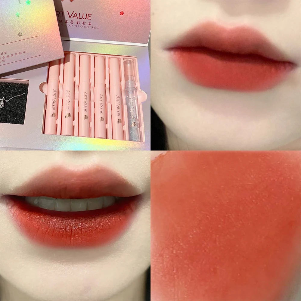 Lip Gloss Set Waterproof Moisturizing Makeup Matte Liquid Lipstick Kit Lip Balm Oil Nourishing Necklace Gift Lip Stick Cosmetics Qme