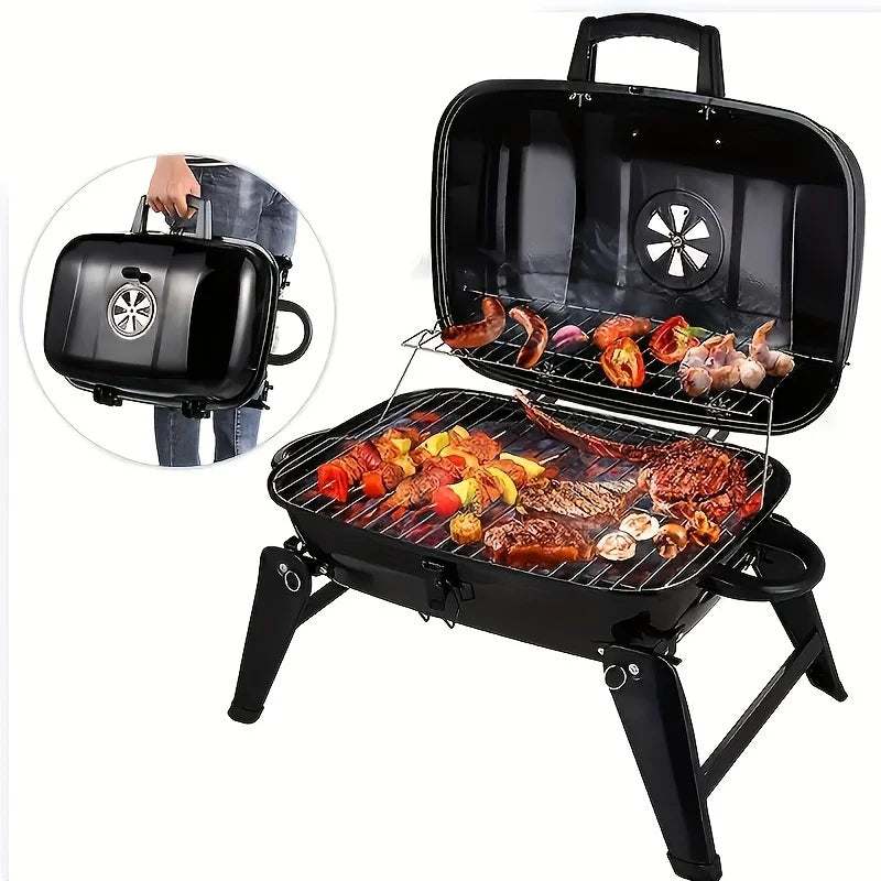 Portable Gas Grill with Lid 1 Burner Foldable Legs Small Propane Grill for Outdoor Cooking Camping BBQs Patios Gardens Qme