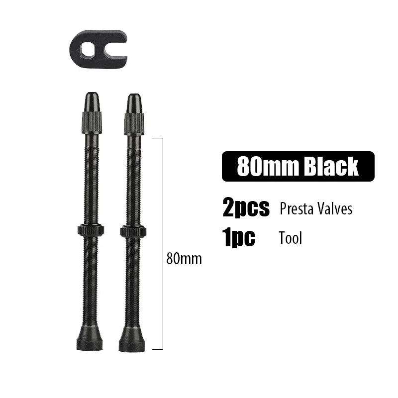 2pcs/bag Bicycle Bike Tubeless Presta Valves Stems Aluminium Alloy 40mm 44mm 48mm 60mm 80mm with Valve Core Removal Tool Qme 80mm Black
