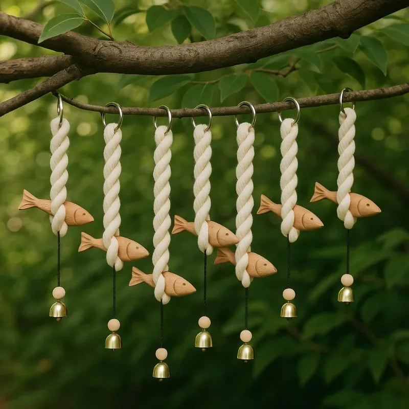 Marine Beach Themed Wood Fish Sculpture Bell Handcrafted Wall Hanging Qme
