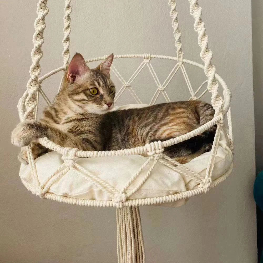 1PC Winter Hand-Woven Kitten Hammock Hanging Cat Bed Bohemian Belt Hanging Kit Upholstery Cat Litter Qme