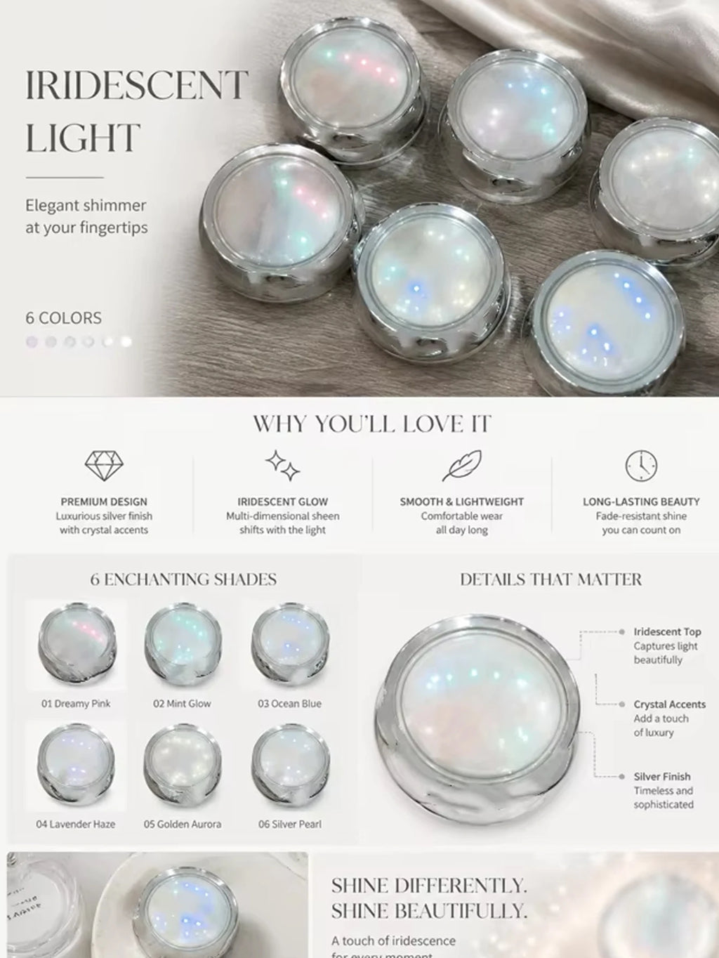 6-Piece Aurora Pearl Chrome Nail Powder Mirror-effect Polish Pigment Qme