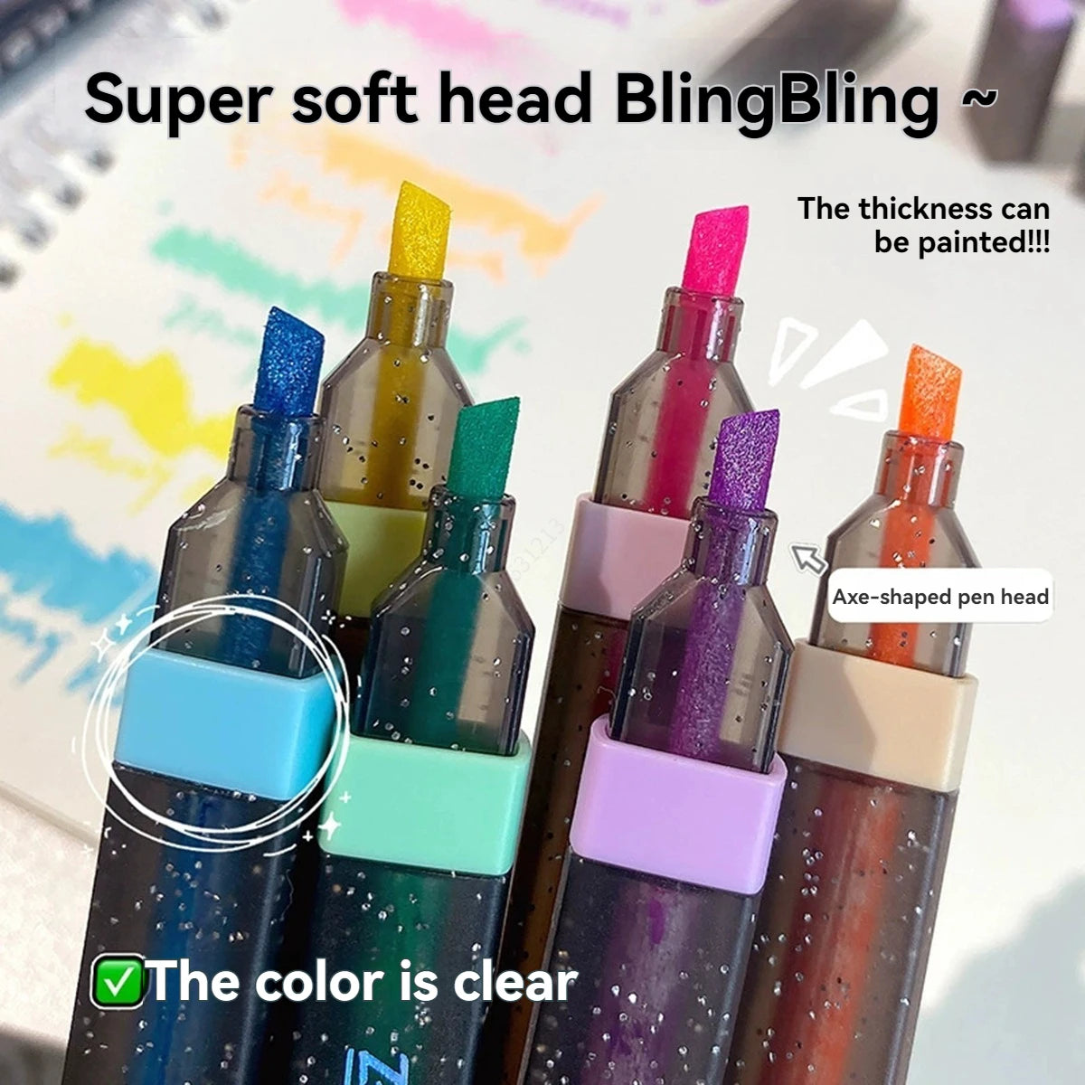6Pcs Glitter Highlighter Pens Chisel Tip Sparkly Shiny Markers for Ceramic Fabric Scrapbooking DIY Crafts Coloring Art Supplies Qme