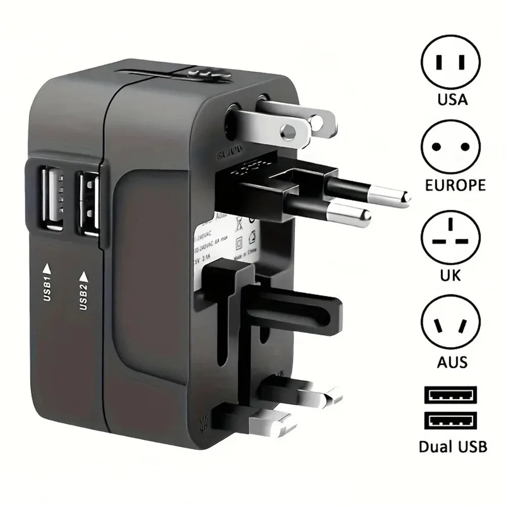 Universal Travel Portable AC Power Adapter with PD USB Ports EU US UK AU Outlet Converter Socket Plug Global Conversion Charger Qme Black 2USB