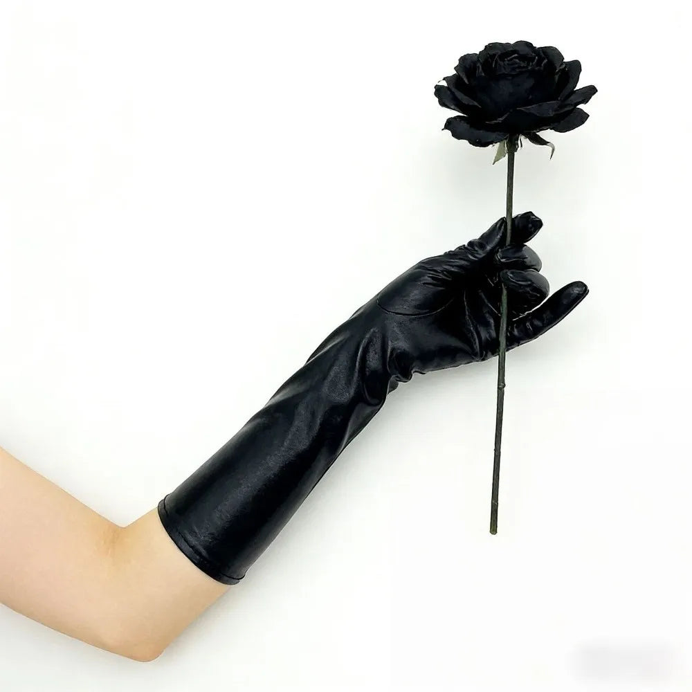 Simple Solid Color Patent Leather Gloves Elastic Shiny Long Gloves Sun Protection Lolita Women Mittens Halloween Cosplay Qme