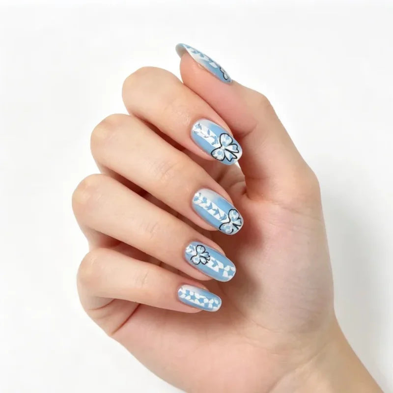 Argentina Press On Nails Blue White Football Fan Party False Nails Waterproof Easy Apply Remove Qme
