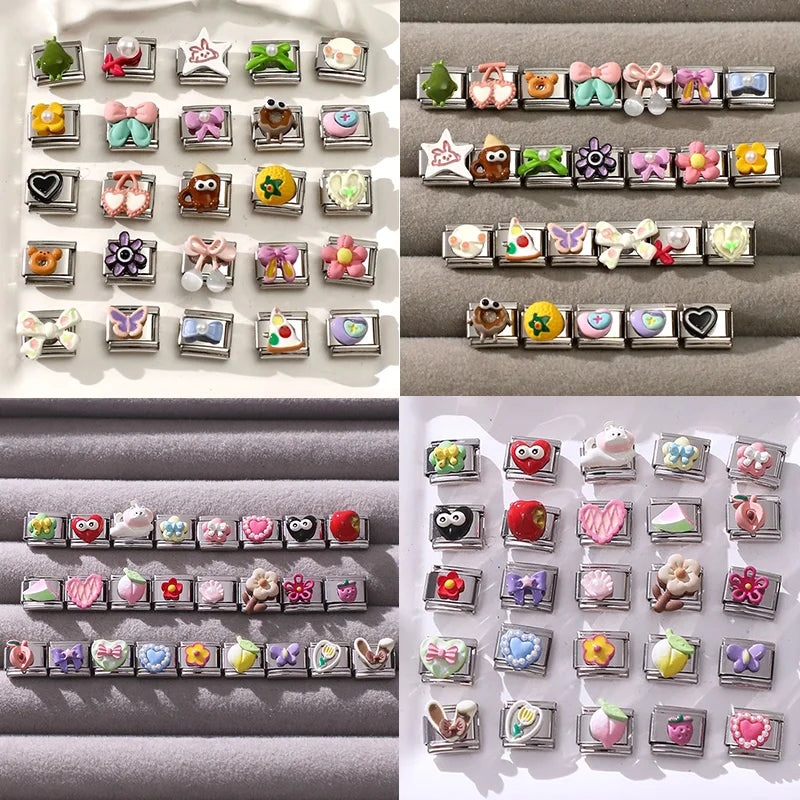 New Fashion Red Apple Cute Sheep Cherry Bow Knot Italian Charm Link fit 9mm Stainless Steel Jewelry DIY Making Bracelet Gifts Qme