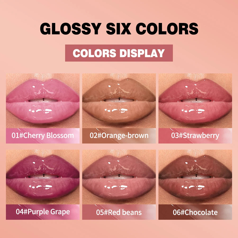 QIBEST 6 Colors Watery Crystal Jelly Lip Oil Balm Moisturizing Smoothing Lip Lines Jelly Pout Lip Gloss Glass Lip Glaze Cosmetic Qme