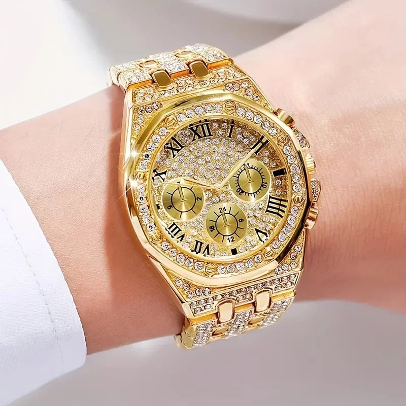 Gold Plated Full Diamond Chronograph Watch + Cuban Link Bracelet, Men's Fashion Bling Jewelry Set for Party/Streetwear Qme