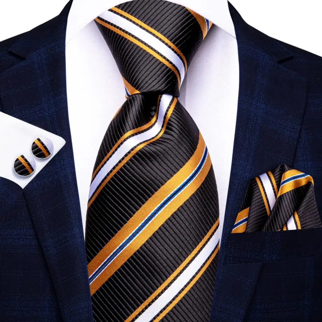Hi-tie Men Fashion Striped Blue Necktie Handkerchief Cufflinks Tuxedo