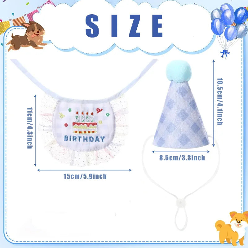 2-piece Pet Birthday Hat Scarf Set - Cute Embroidered Cat Headscarf - Checkered Pattern Lace Scarf Pet Party Supplies Decoration Qme