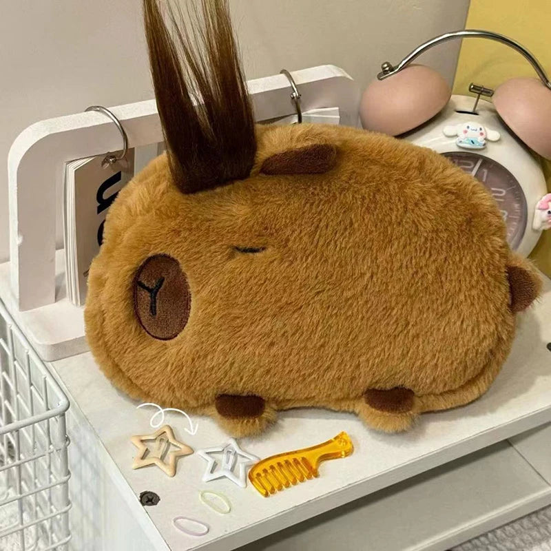 Kawaii Cartoon Creative Pencil Bag Student Capybara Plush Stationery Qme one size brown