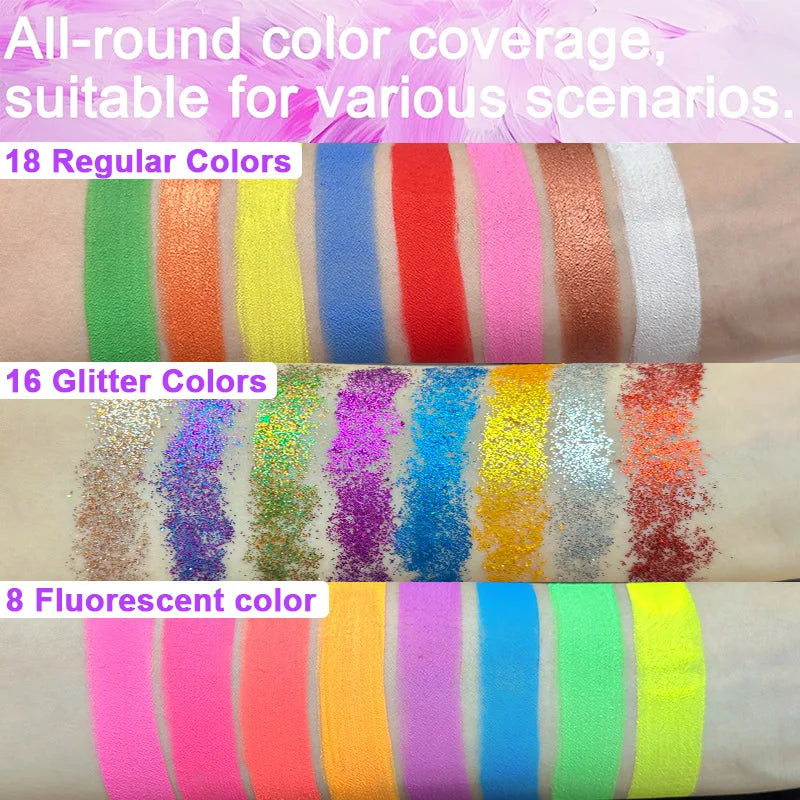 42 Colors UV Neon Face Paint Set Water Soluble Fluorescent Glitter Art Makeup for Body Painting Festivals Halloween Qme