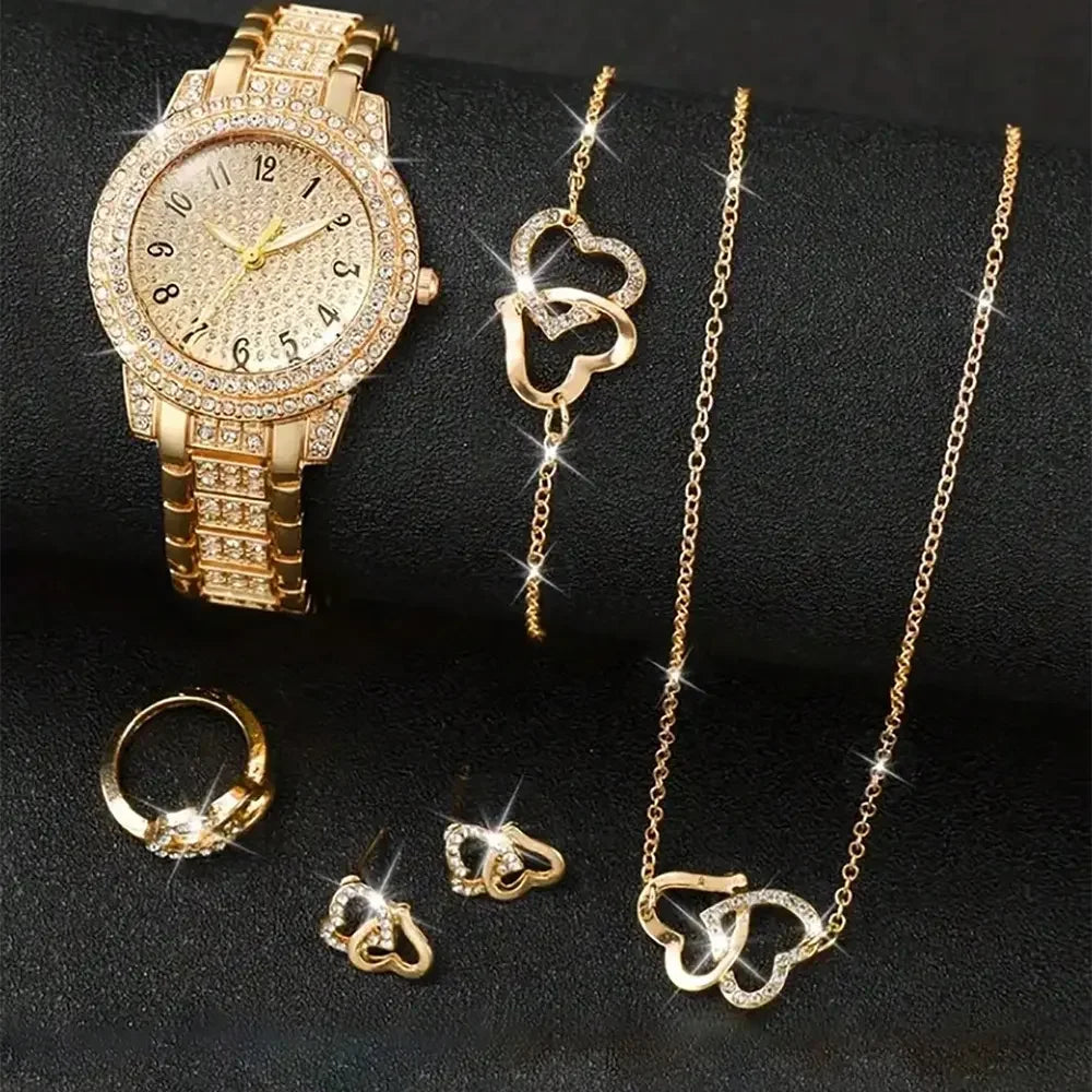 Ladies' Starry Sky with Diamonds Quartz Watch Light Luxury Digital Niche Tile Set Fashion Versatile Women's Watch Set Qme Gold