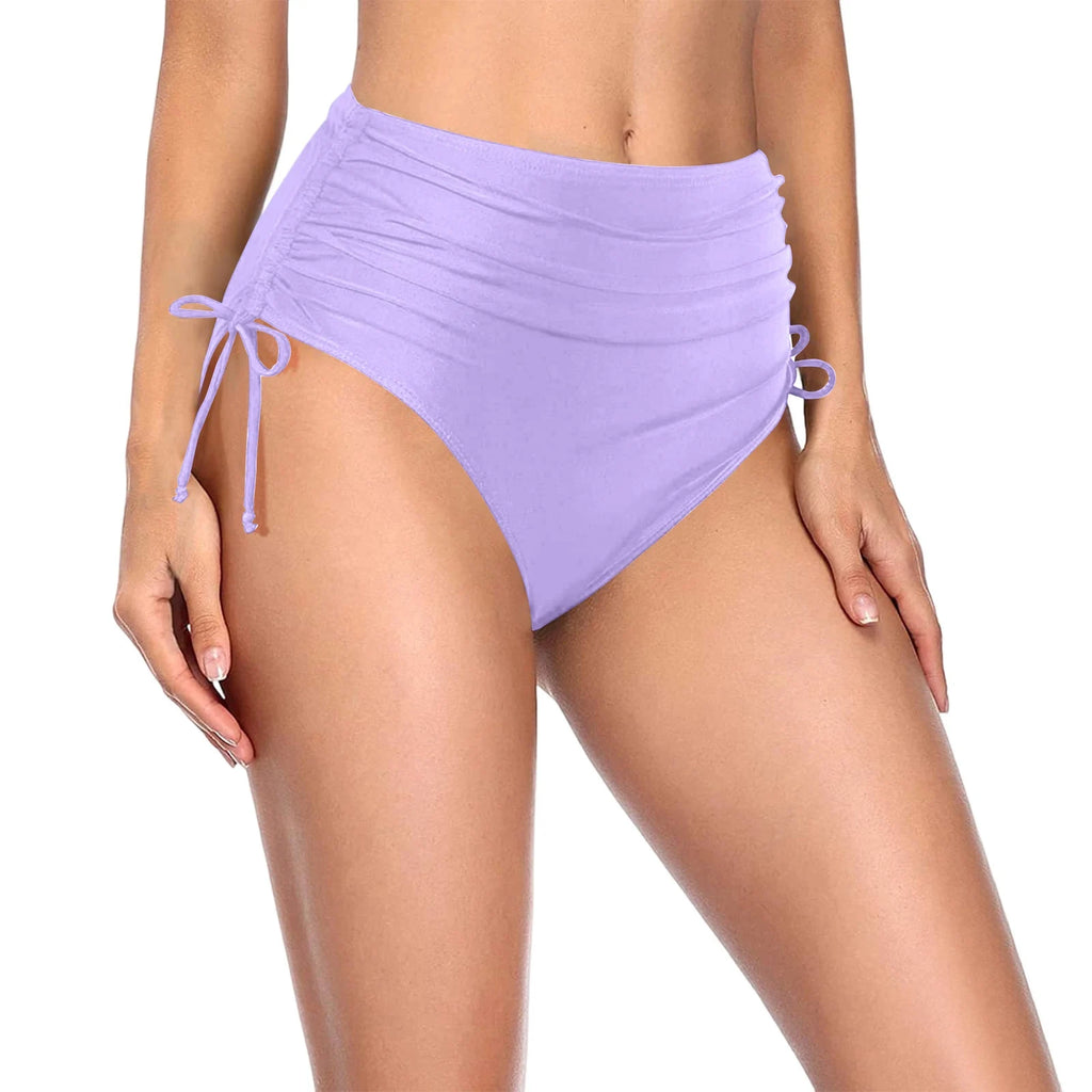 Basic Tight Swimming Bottoms for Female Solid Color High Waist Full Coverage Bikini Split Swimsuit Briefs Beach Drawstring Trunk Qme