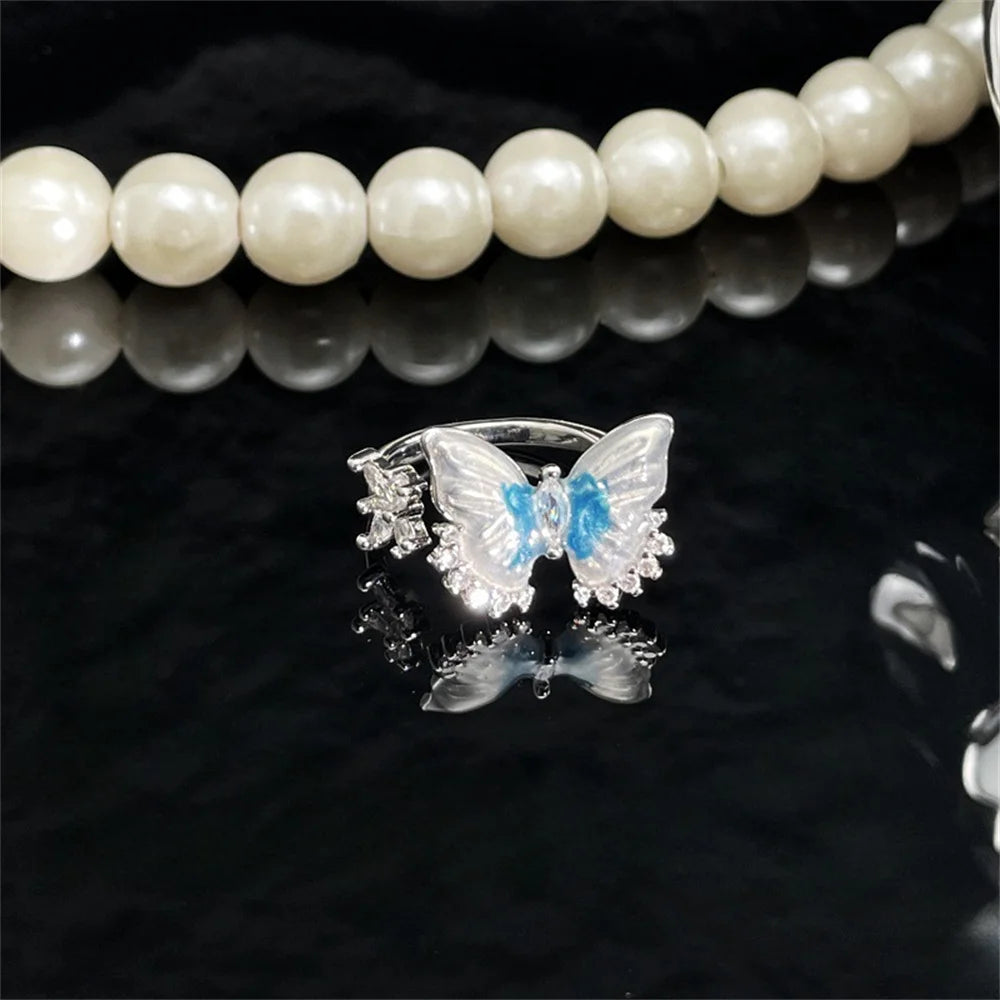 Exquisite Ice Blue Butterfly Open Ring, Fashionable Women's Simple Style Jewelry Party Cocktail Party Accessories Qme -3 resizable