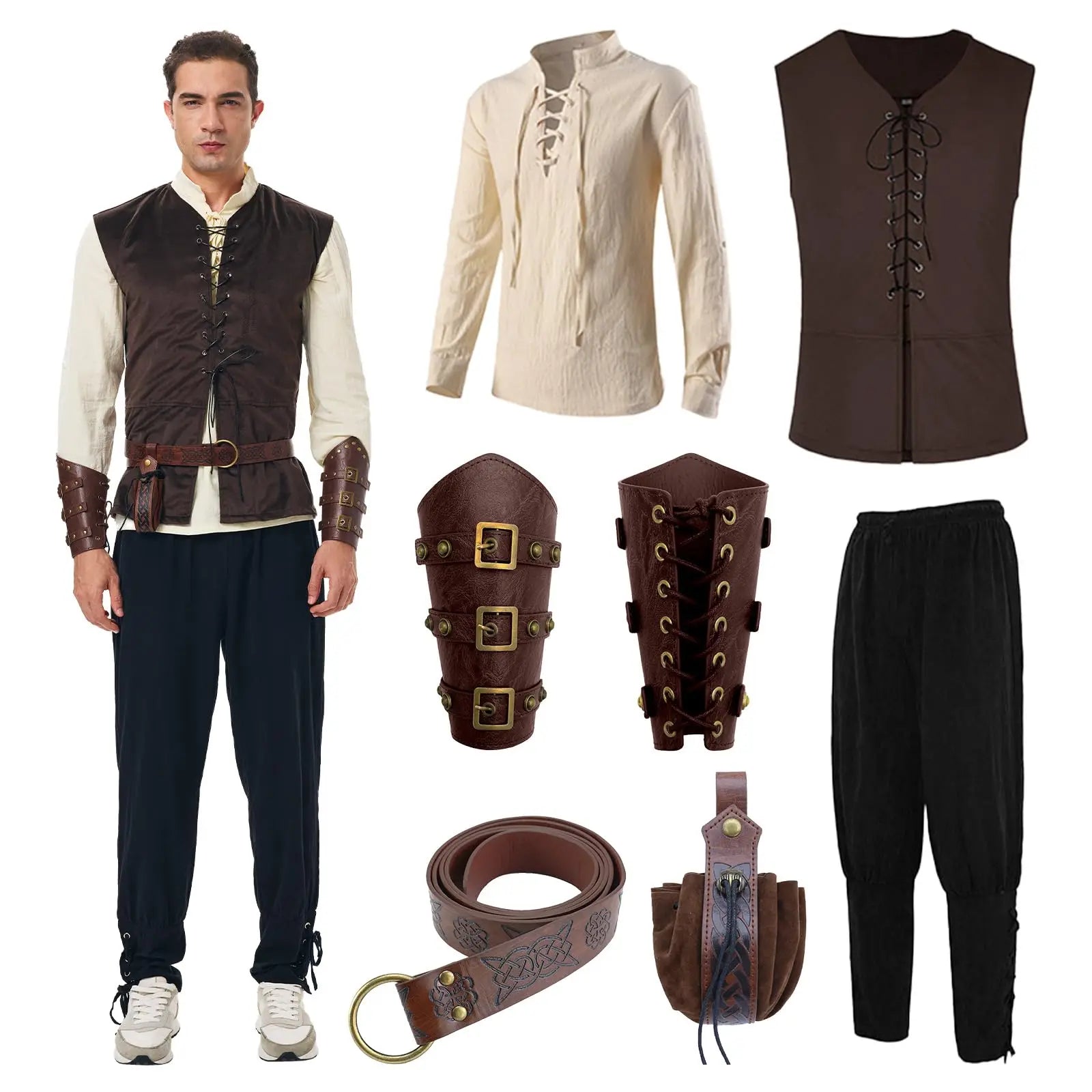 7PCS Mens Renaissance Costume Medieval Viking Outfit Pirate Shirt Pant Tunic Vest Belt Accessories for Halloween Qme WHITE XXL