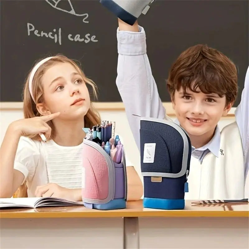 2-in-1 Portable Vertical Student Pencil Bag Pen Holder Standing Case Qme