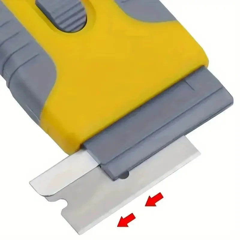 Ceramic glass scraper with retractable adjustable handle for removing labels, stickers from stoves, kitchens, and bathrooms Qme