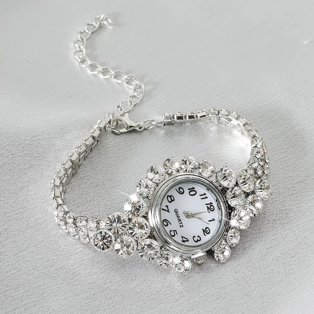 1pc Rhinestone Decor Quartz Watch Elegant Arabic Numeral Dial Wristwatch With Bracelet Design Watchband Qme