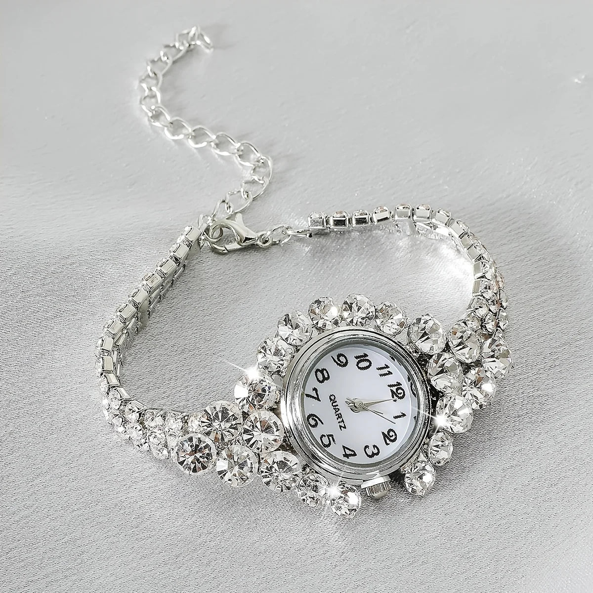 1pc Rhinestone Decor Quartz Watch Elegant Arabic Numeral Dial Wristwatch With Bracelet Design Watchband Qme