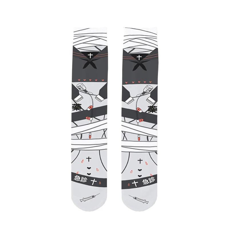 1 Pair Women Mid-tube Stockings Cartoon Anime Personality Printed Qme style1 One Size