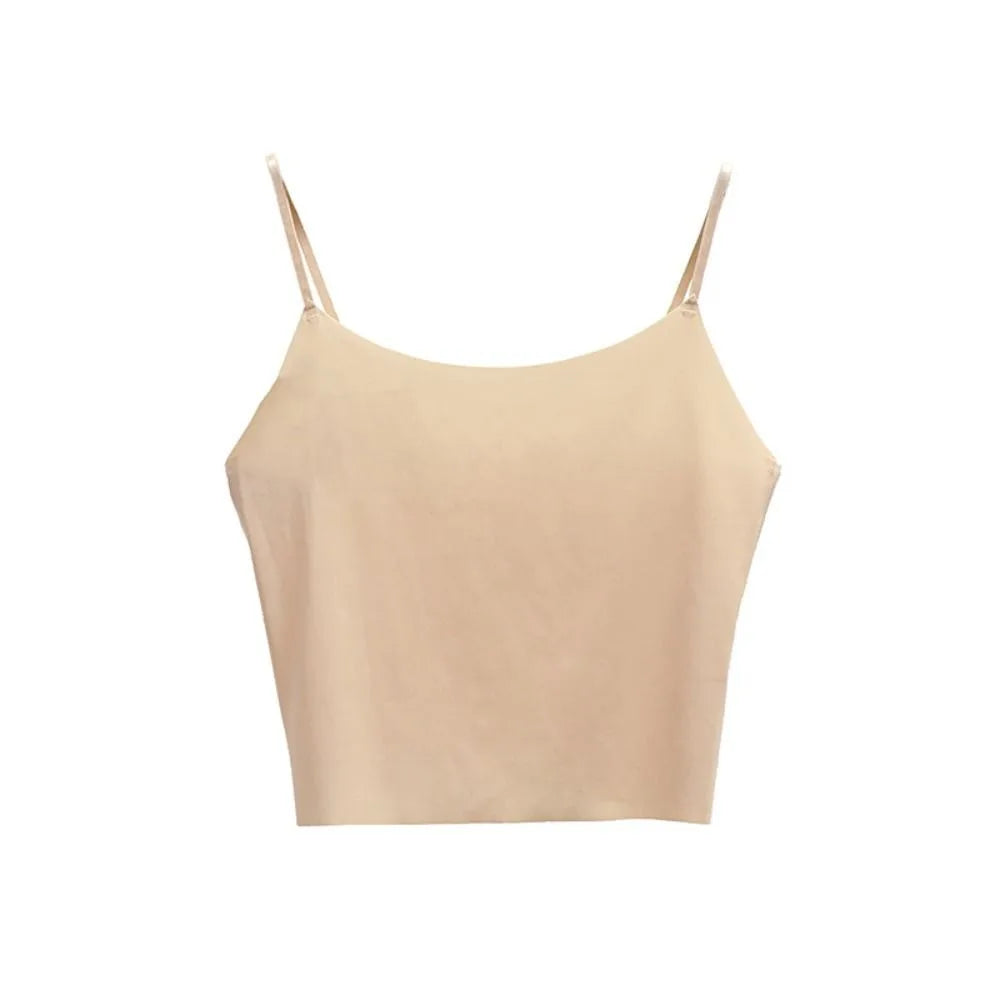 Thin Ice Silk Traceless Sling Tank Bralette Crop Tops Strap Skinny Qme nude M