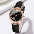 2pcs/set Women's Flower Rhinestone Fashion Quartz Watch Analog PU Leather Wrist Watch & Bracelet, Gift For Mom Her Qme black No