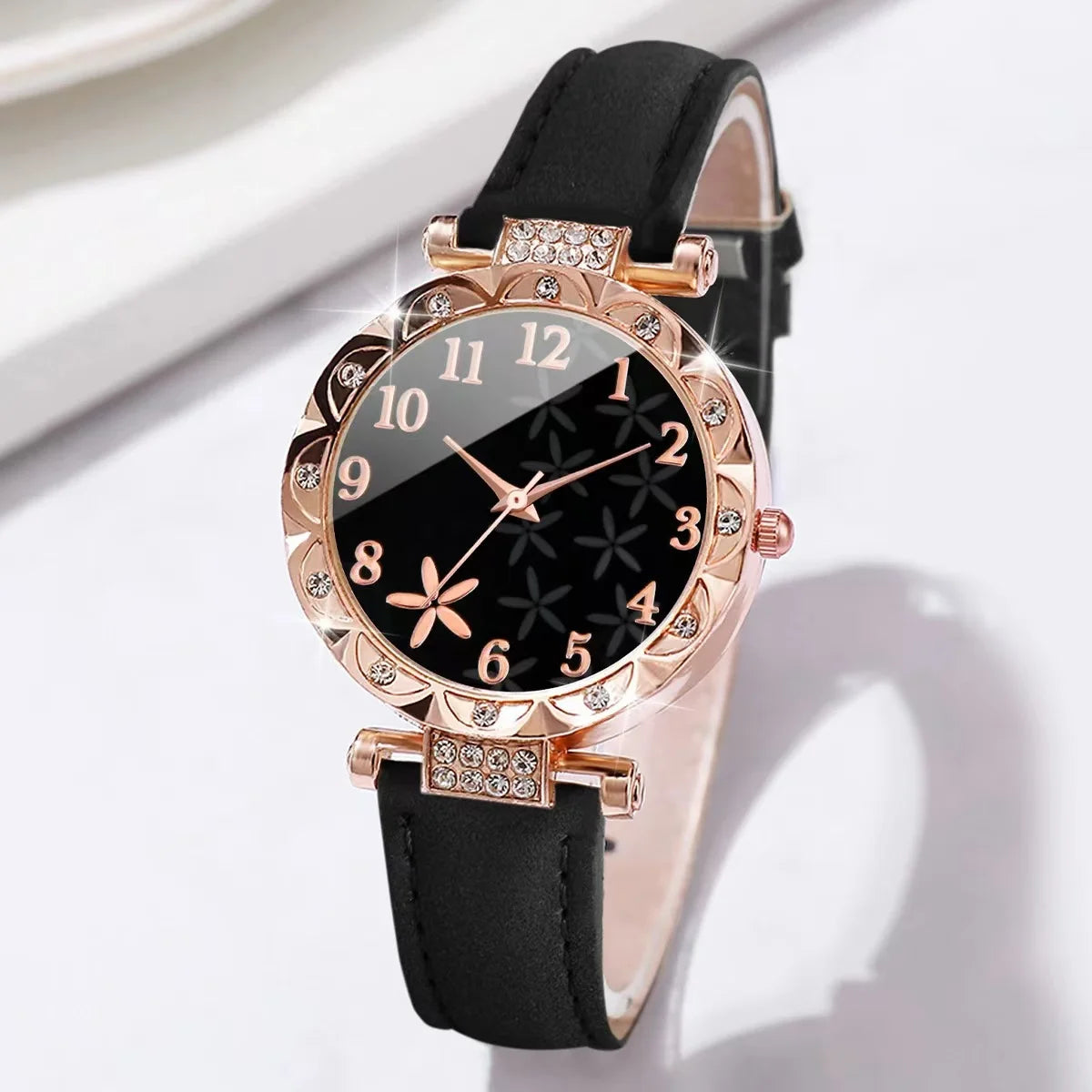 2pcs/set Women's Flower Rhinestone Fashion Quartz Watch Analog PU Leather Wrist Watch & Bracelet, Gift For Mom Her Qme black No