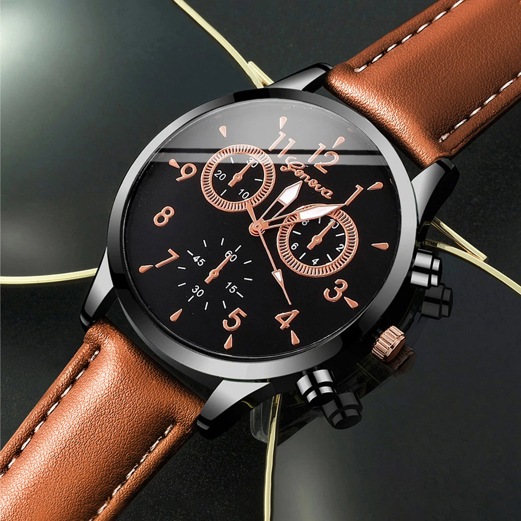 4 Pcs/Set Fashion Men's Casual Watches Men's Leather Bracelet Quartz Watch Man Present Bracelets Set (Without Box) Qme