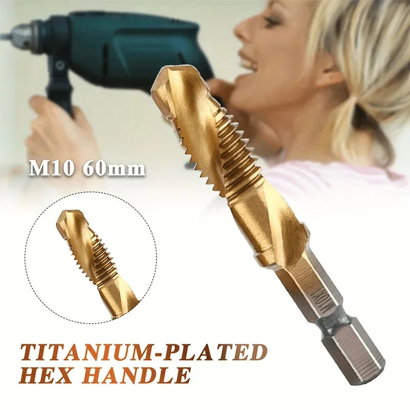 6pcs Titanium Coated HSS Drill Bit Set - Metric Thread M3-M10, Countersink & Screw Tapping Bits for Precision Hole Machining Qme