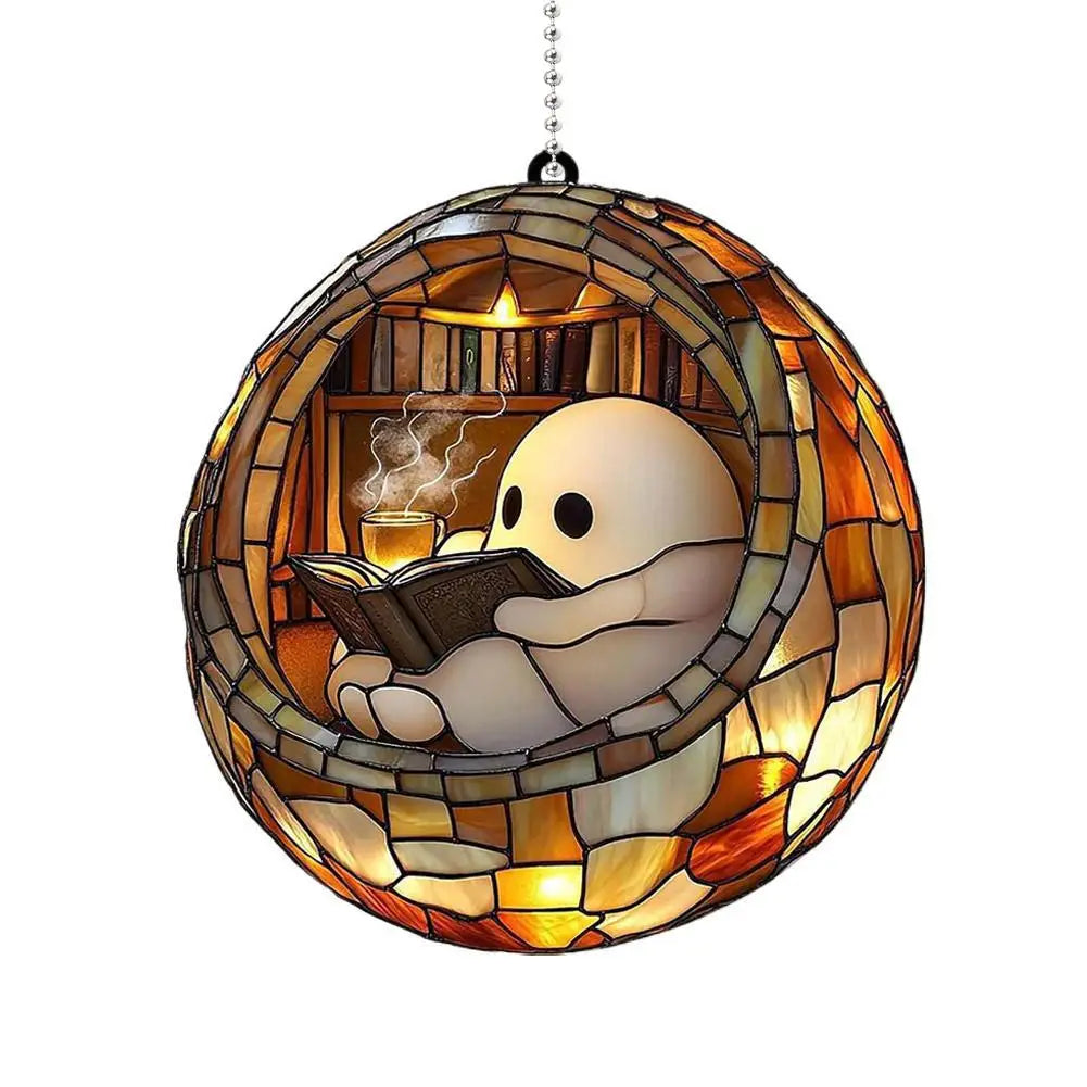 2D Halloween Ghost Reading Book Suncatcher Hanging Decor Acrylic Window Hanging Ornament Colorful Shadow Home Decorations Qme E