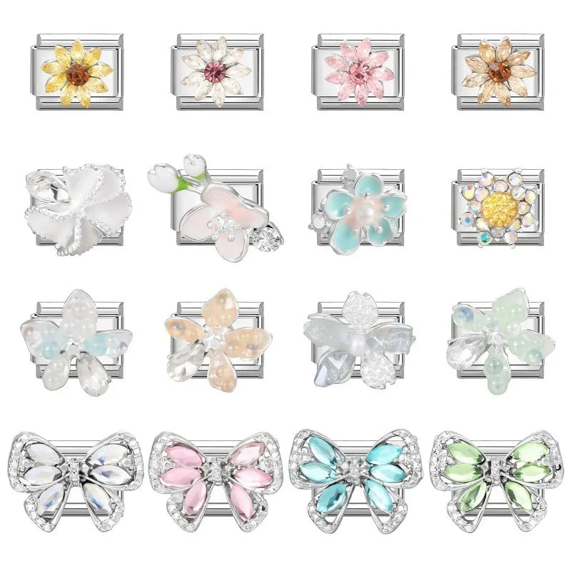 Wholesale Beautiful Flowers Shiny Zircon Bowknot Italian Charm Links Stainless Steel Fit 9mm Bracelet Jewelry Diy Making Gifts Qme