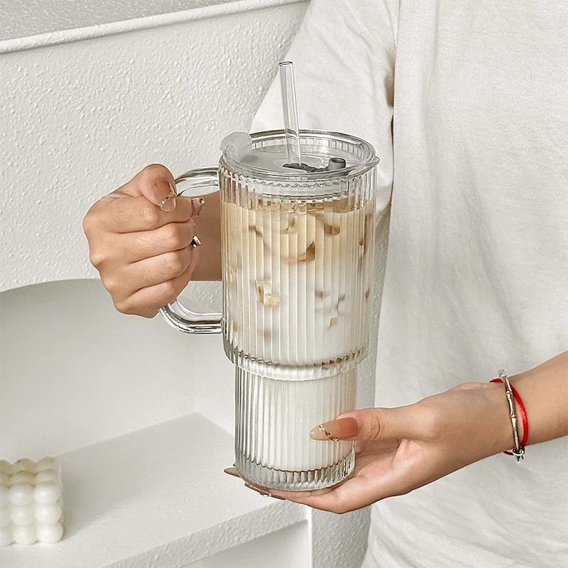 Vertical Striped Glass Cup With Handle Lid Straw Large Clear Tumbler Iced Coffee Tea Juice Cup Summer Portable Drinking Mug Qme
