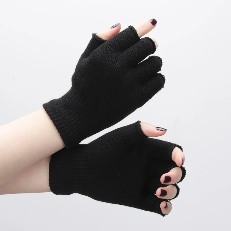 1Pair Black Short Half Finger Fingerless Gloves Unisex Outdoor Short Warm Mittens Women Men Knit Elastic Comfort Work Gloves Qme