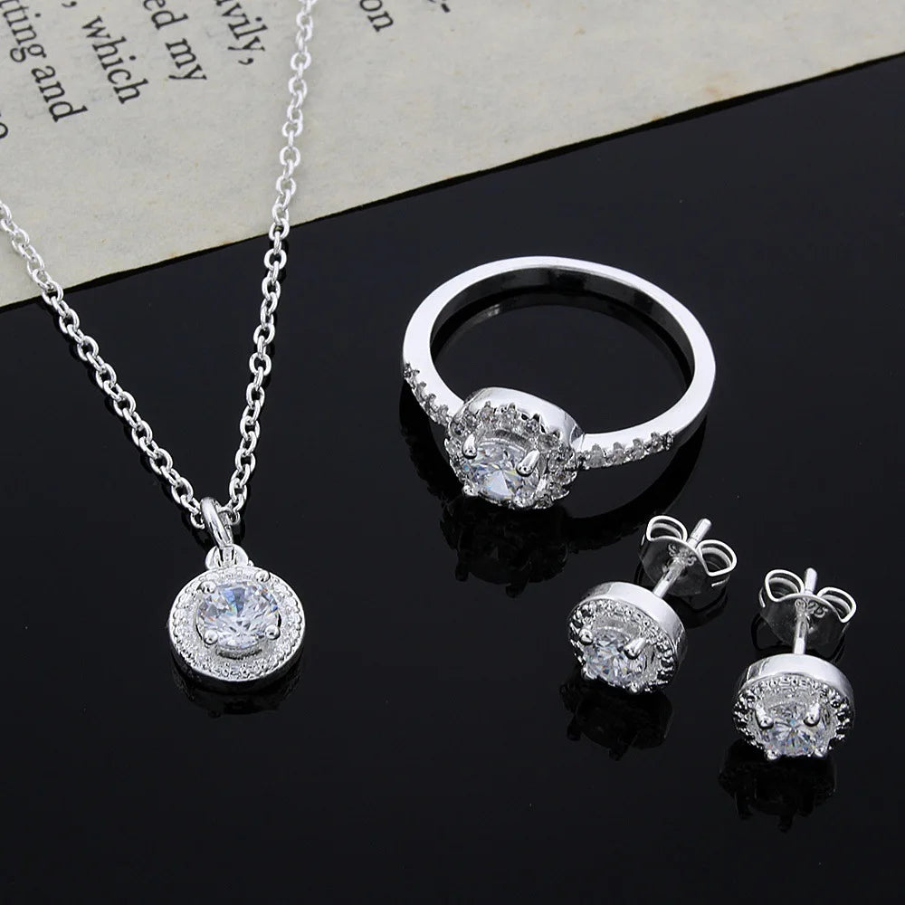 Bridal Jewelry Sets Cubic Zircon Necklace Earrings Ring Gift for Women Pure 925 Sterling Silver Color Birthday Valentines Xmas Qme Default Title